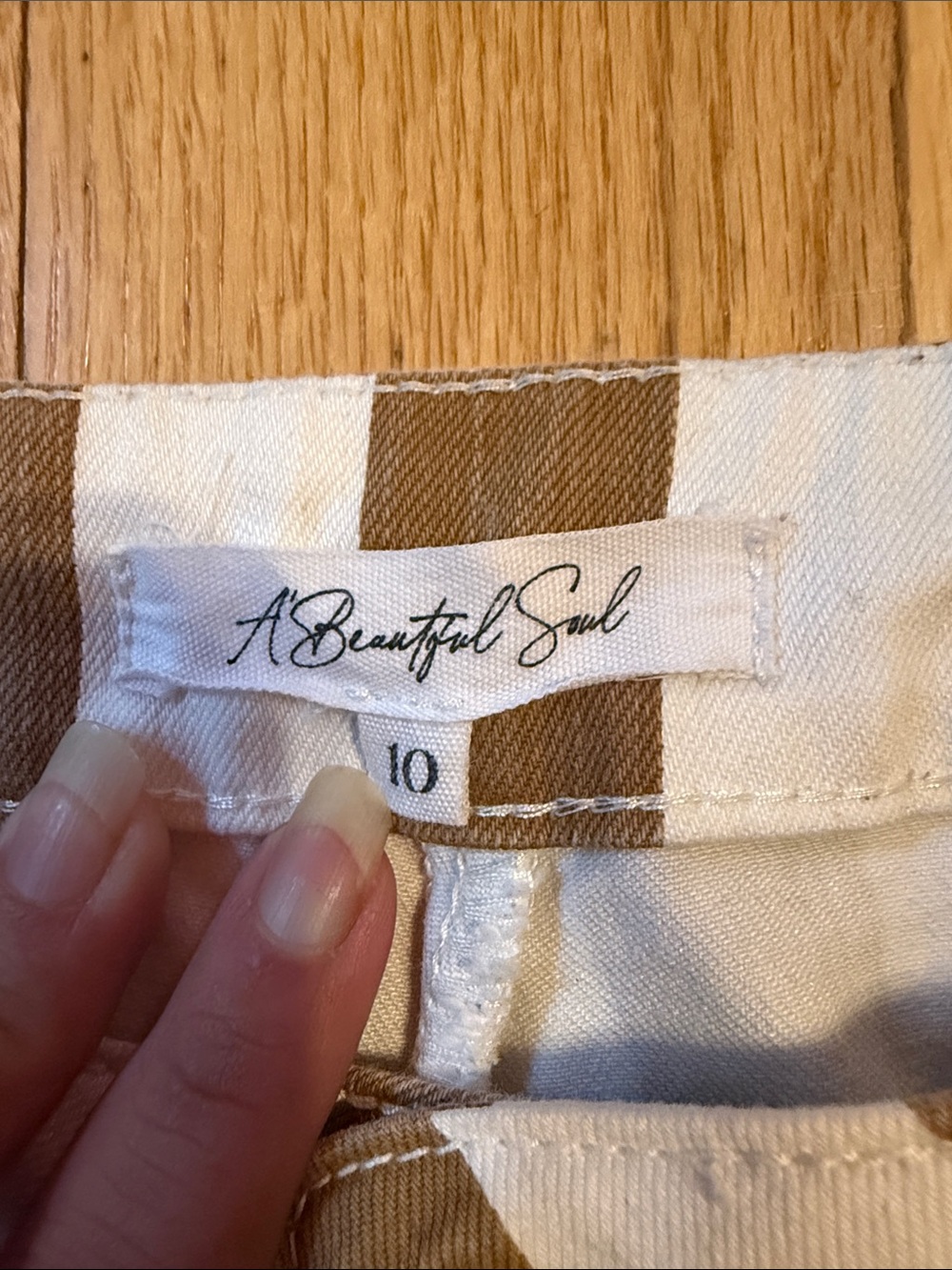 Woman’s Striped Bell-Bottom Pants in Brown and White - Picture 2 of 6